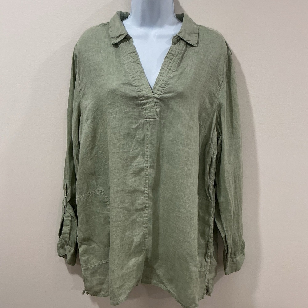 J JILL Love Linen Green Popover Shirt Long Sleeve Coastal Beachy Resort Large